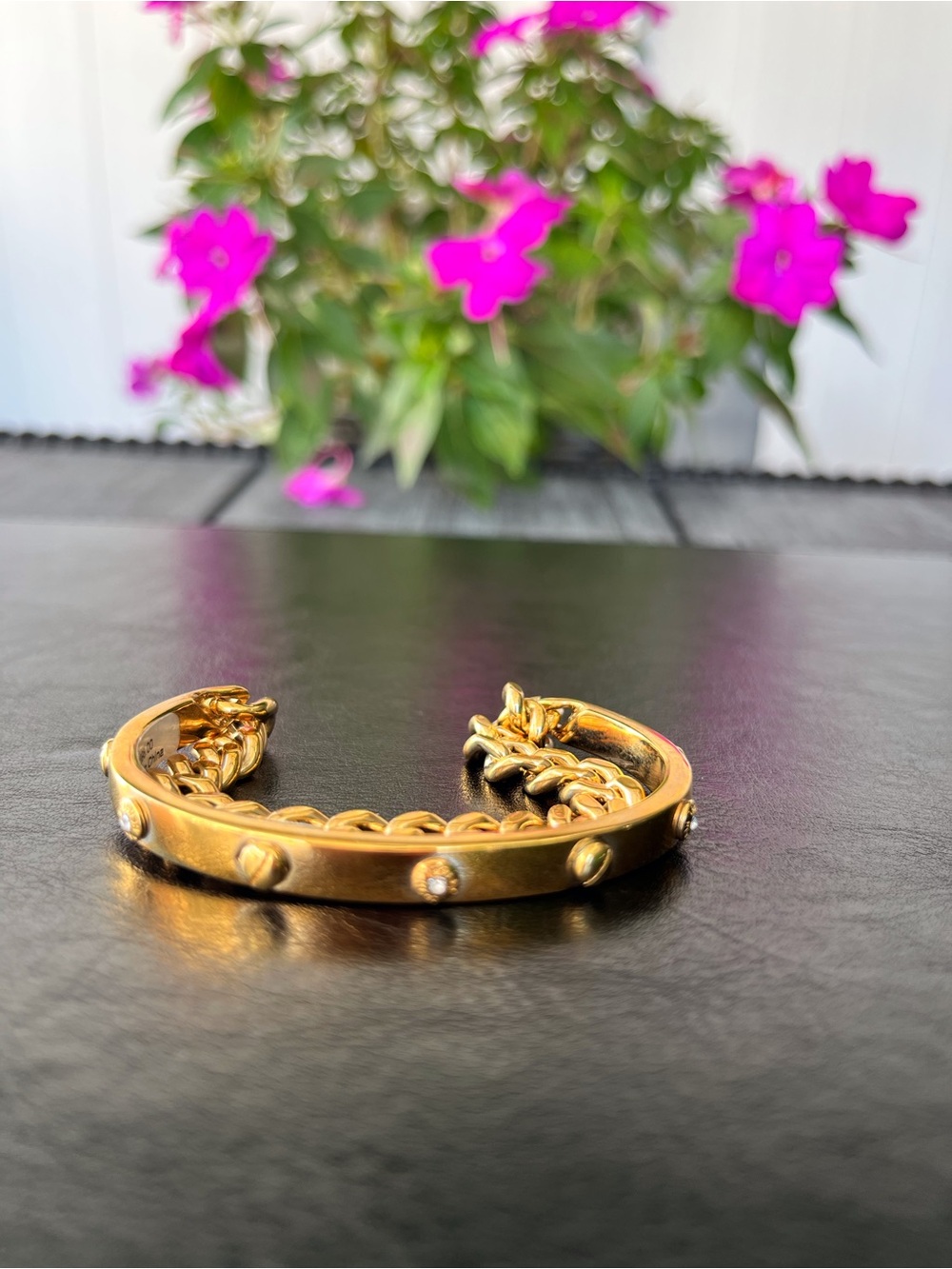 henri bendel Gold Tone Chain & Cuff Bracelet with Crystal Rivets NWT